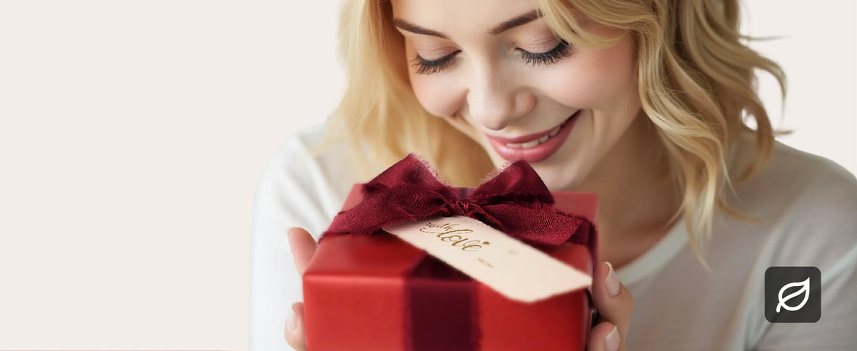 Woman holding a gift wrapped in lustrous red paper with a burgundy fabric bow and cream tag