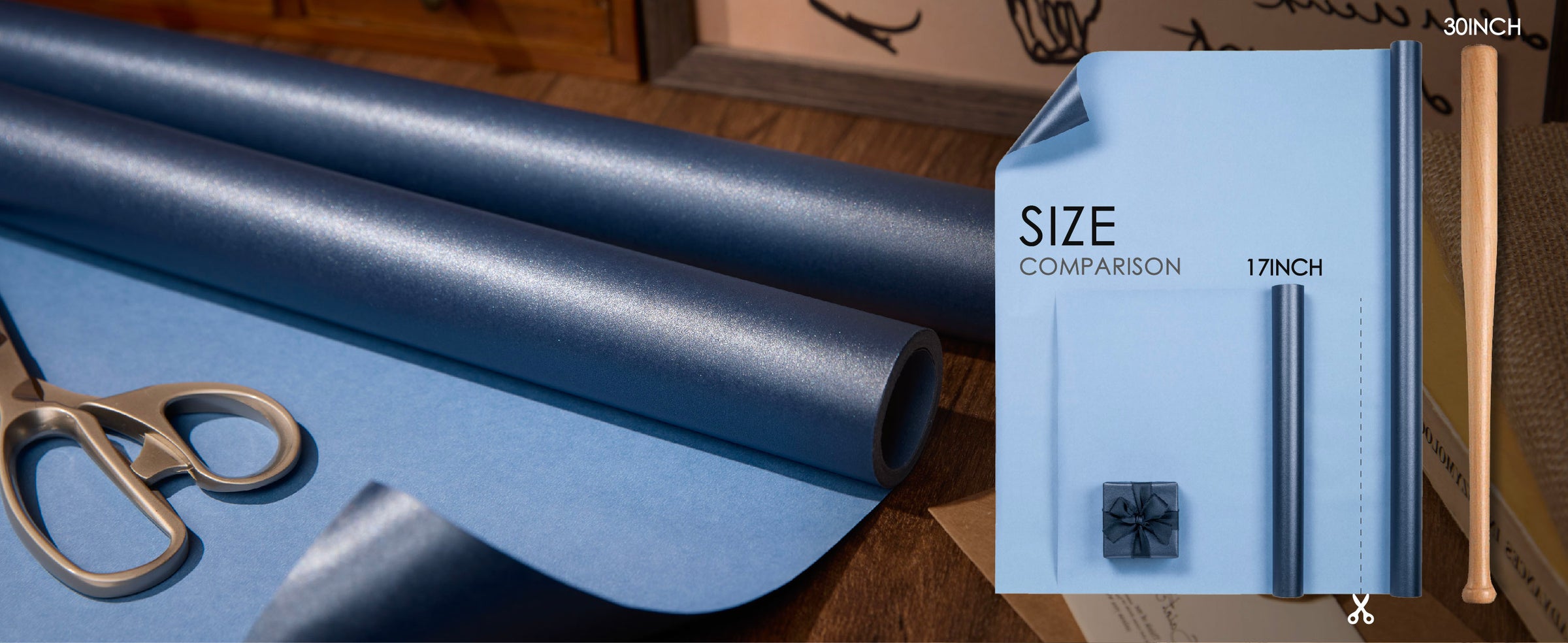 Pearly dark blue wrapping paper folded back to show its smooth, shimmering surface