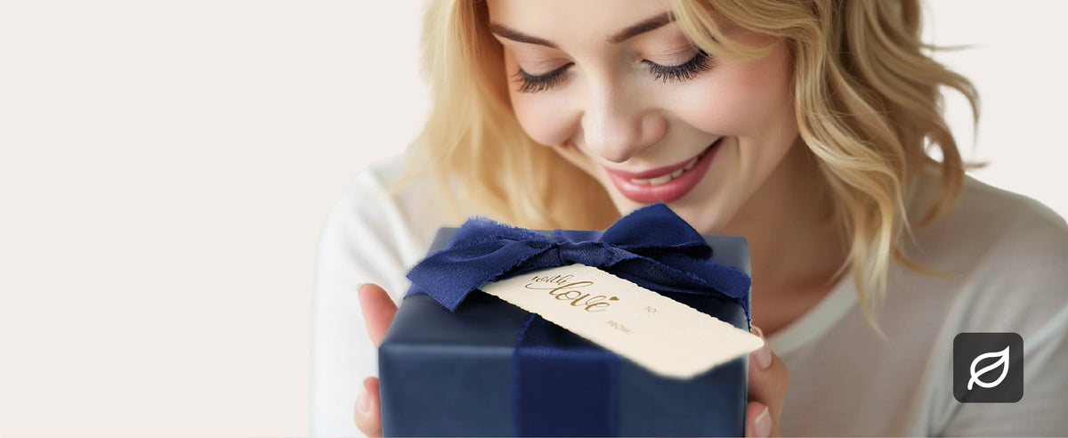 Blue wrapping set with one paper roll, three fabric ribbons, and six cream gift tags