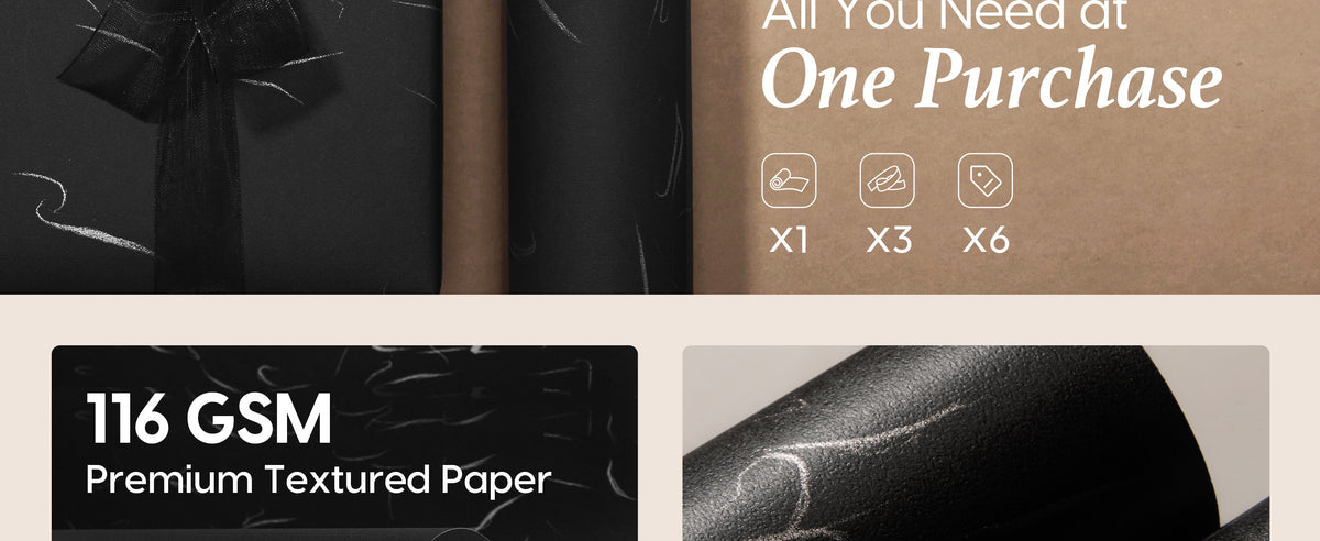 Curved black 116 GSM textured wrapping paper with scattered silver foil accents.
