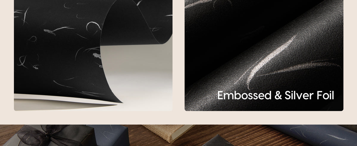 Close-up of black wrapping paper with pebbled embossing and reflective silver foil lines.