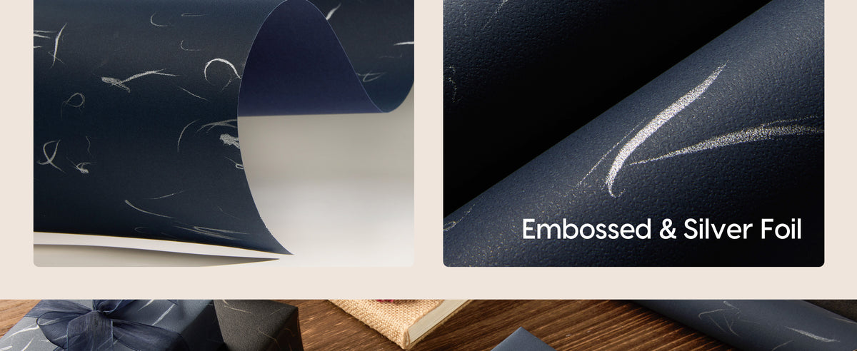 Close-up of navy embossed wrapping paper with reflective silver foil lines.
