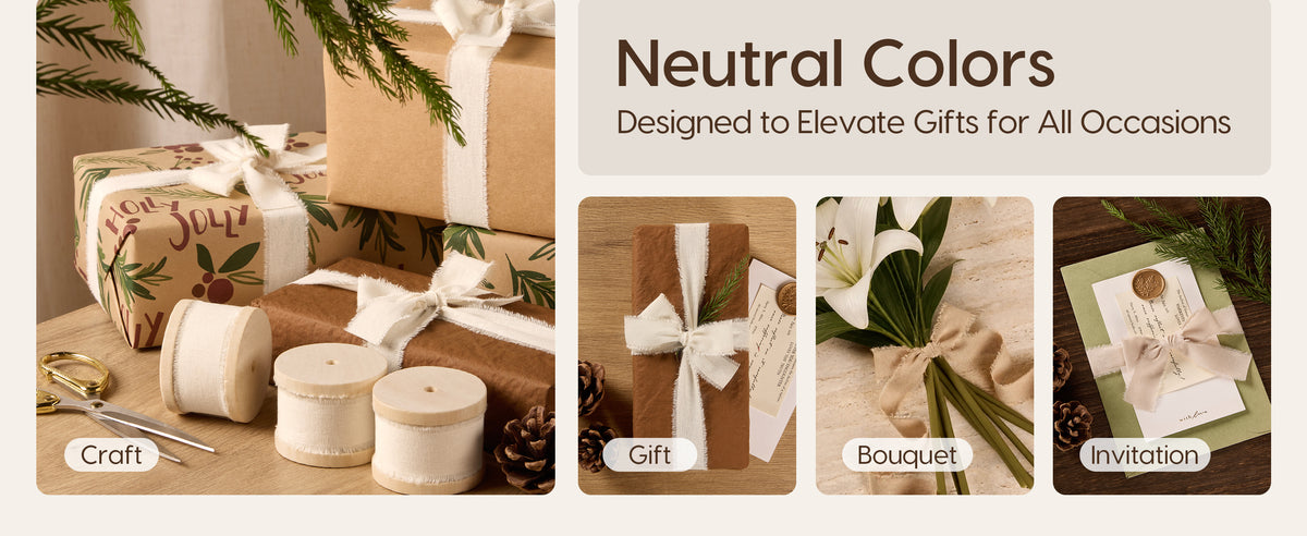 Ivory fringed cotton ribbon used on crafts, wrapped gifts, a flower bouquet, and an invitation.