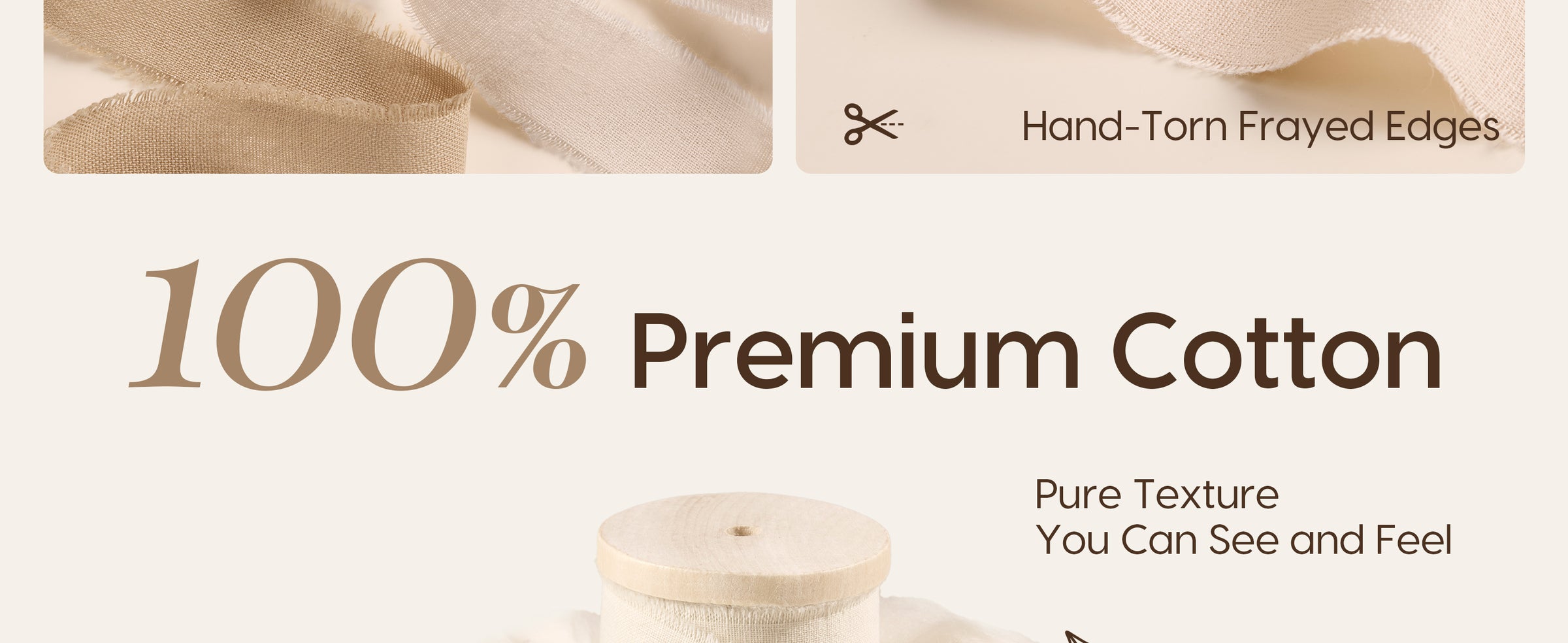 Nude beige and ivory cotton ribbons with visible woven texture and softly frayed edges.