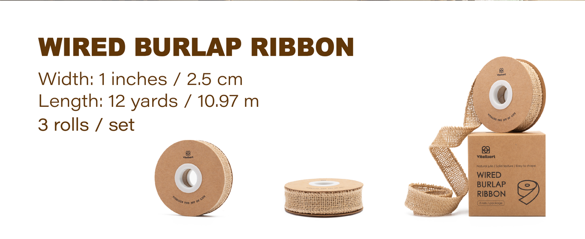 Three beige wired burlap ribbon rolls, each 1 inch wide and 12 yards long, with kraft box.