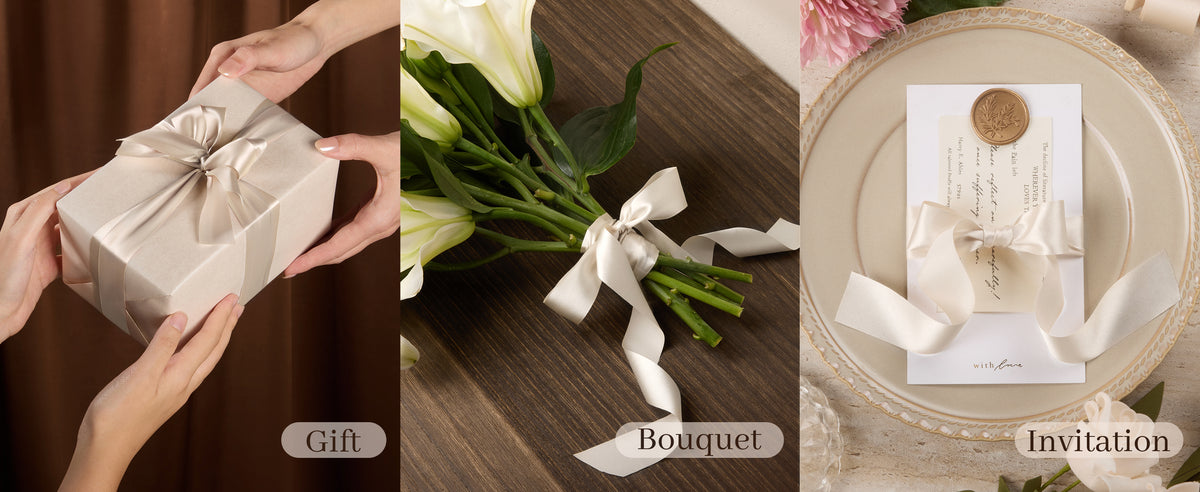 Ivory satin ribbon tied around a gift, white flower bouquet, and wax-sealed invitation.