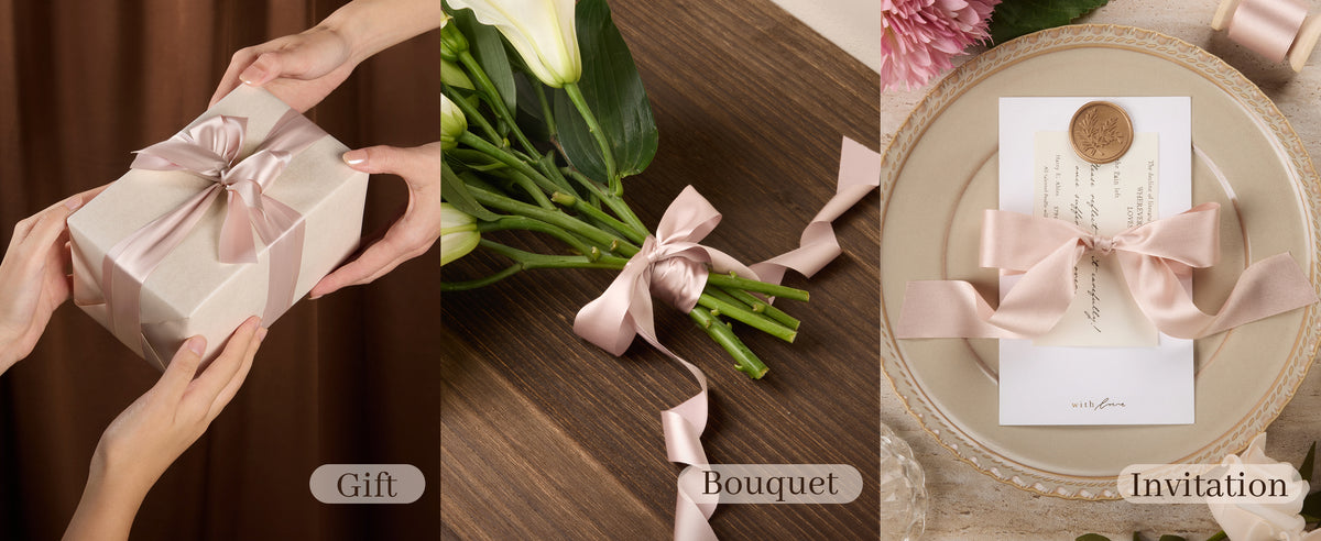Blush-nude satin ribbon tied around a gift, white flower bouquet, and wax-sealed invitation.