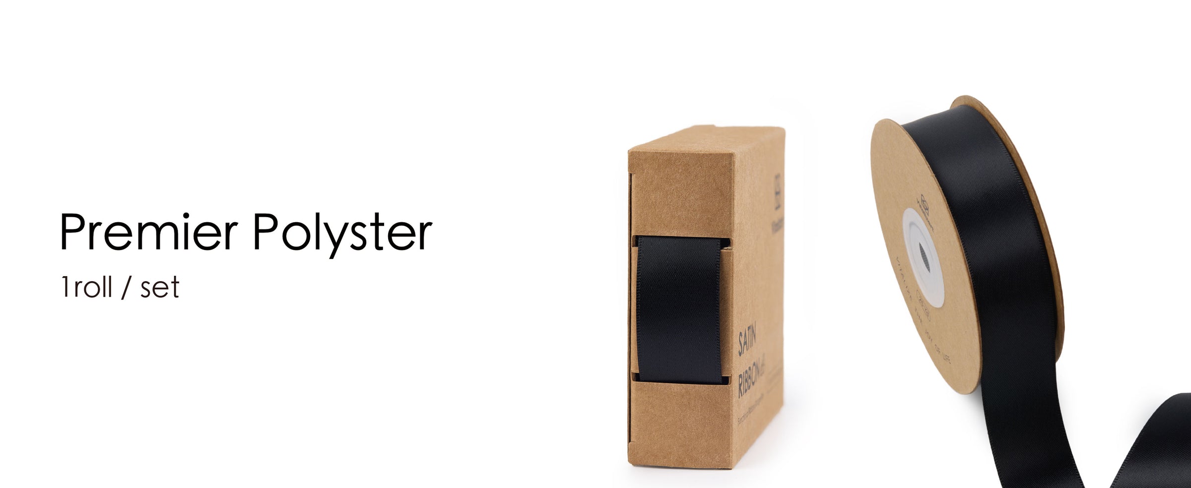 Black polyester satin ribbon shown on a cardboard spool and inside its matching dispenser box.