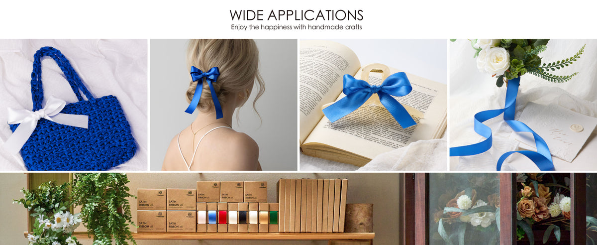 Blue satin ribbon used for a bag bow, hair bow, gift wrapping, and floral decor
