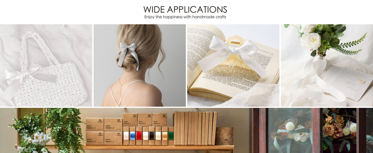 Off-white satin ribbon decorates a crocheted bag, hairstyle, perfume bottle, and floral bouquet.