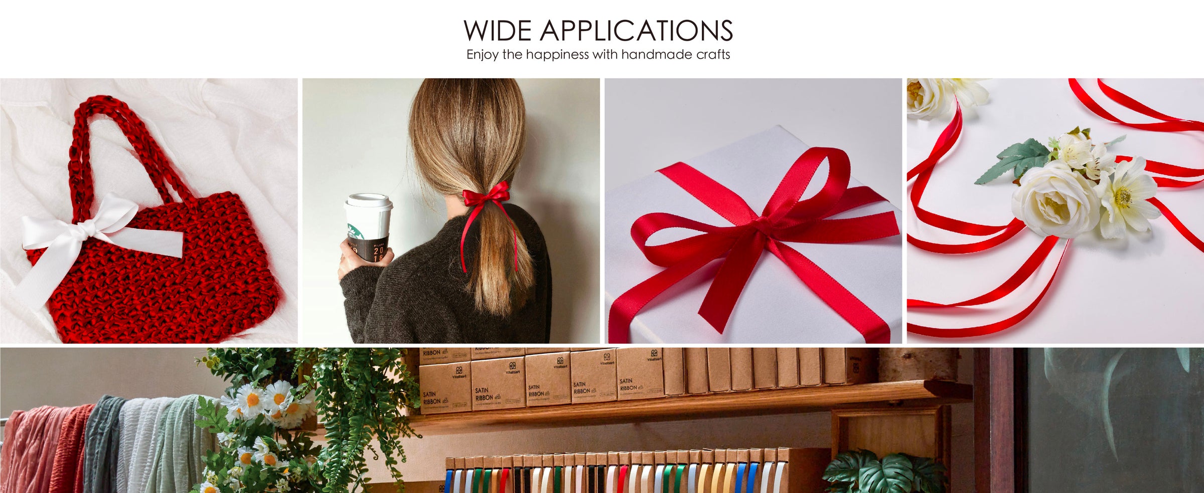 Red satin ribbon used on a handbag, ponytail, gift box, and floral arrangement