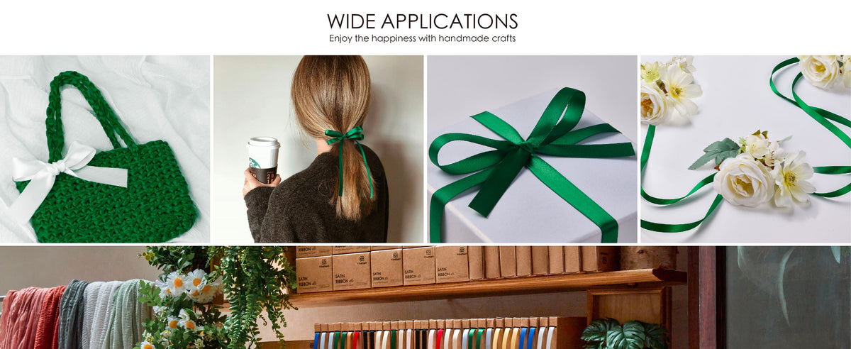 Green satin ribbon decorates a bag, ponytail, gift box and floral arrangement above boxed rolls.