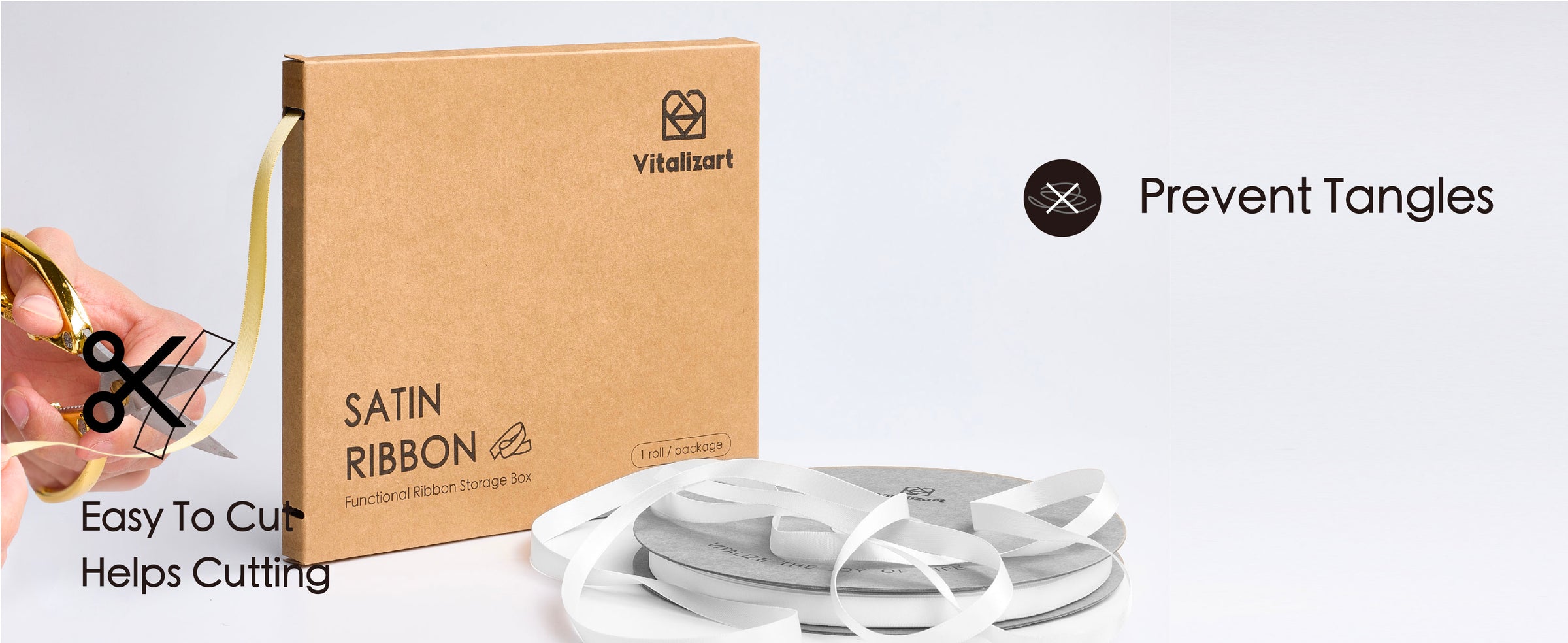 White ribbon pulled from a brown cardboard dispenser and cut with gold-handled scissors