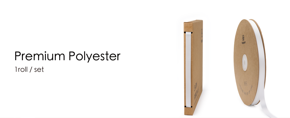 White polyester ribbon shown in a kraft dispenser and on a 100-yard round spool.