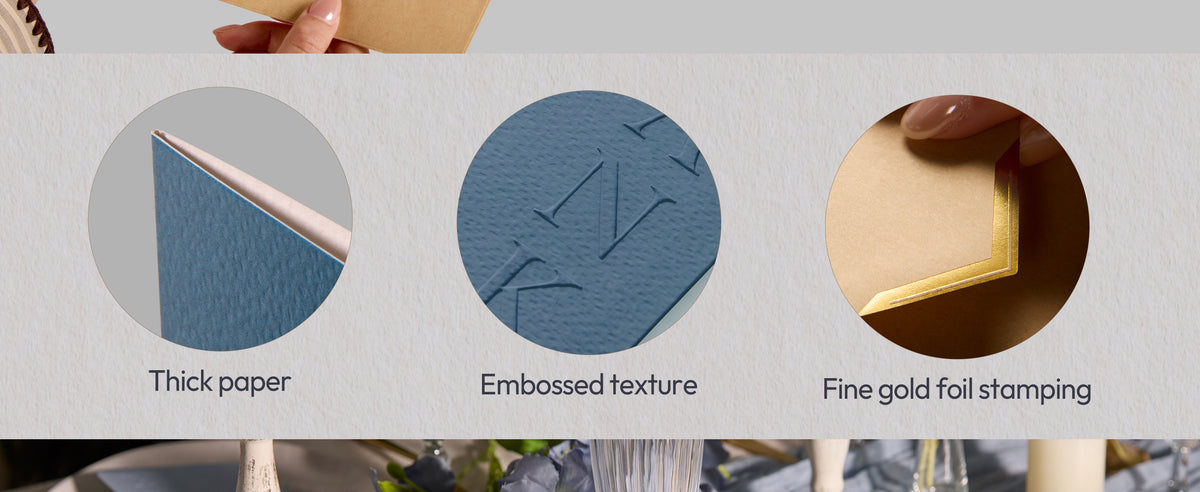 Close-up of dusty sage cards showing textured cardstock, embossing, and foil details