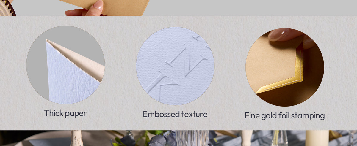Kraft envelope and close-ups of a thick pale blue-gray card with embossed texture and gold foil detail