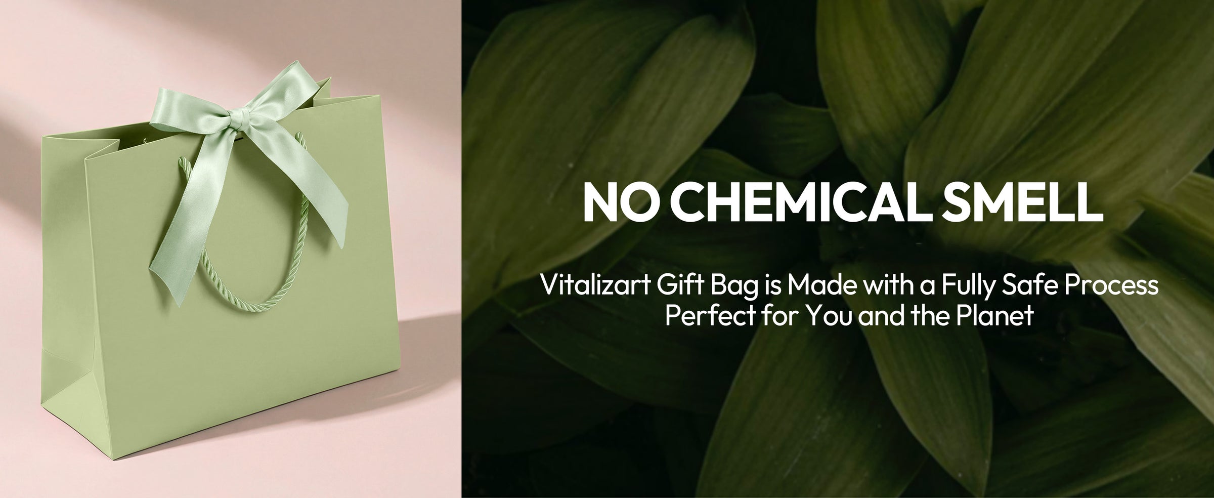 Green paper gift bag with pale satin bow among plaid pouches, wrapped boxes, and ornaments