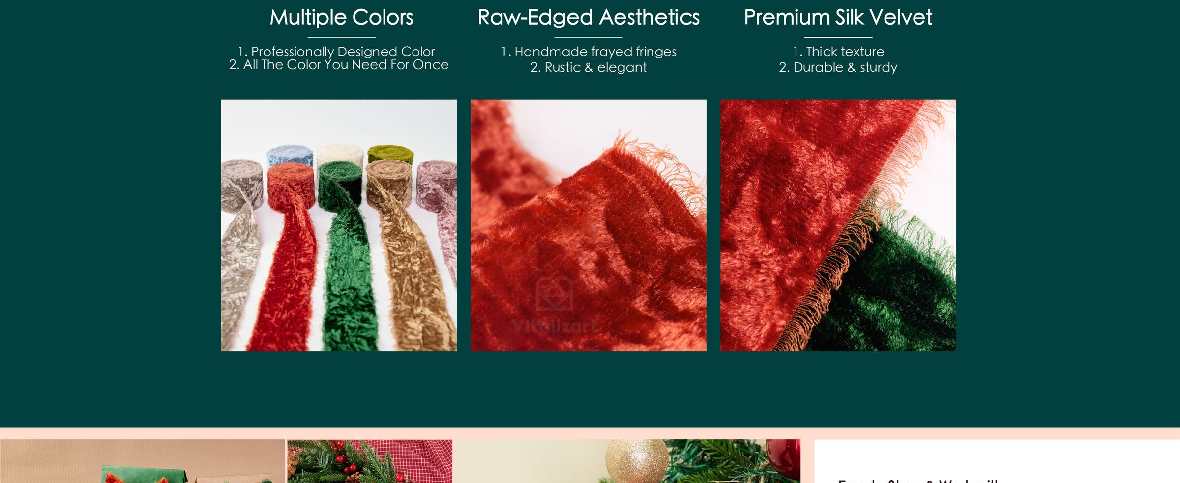 Close-up panels showing rust red frayed-edge velvet ribbon, coordinated colors, plush texture, and softly frayed edges