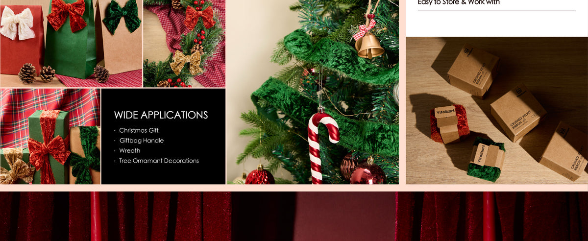 Emerald green frayed-edge velvet ribbon used on gift bags, wreaths, bows, and Christmas tree ornaments