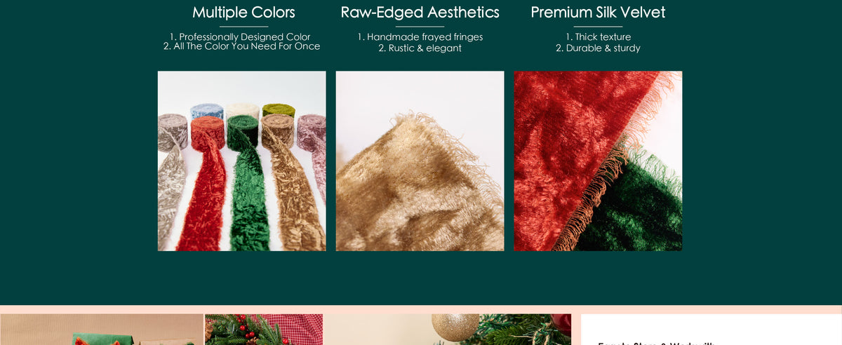 Close-up panels showing khaki frayed-edge velvet ribbon, coordinated colors, plush texture, and softly frayed edges