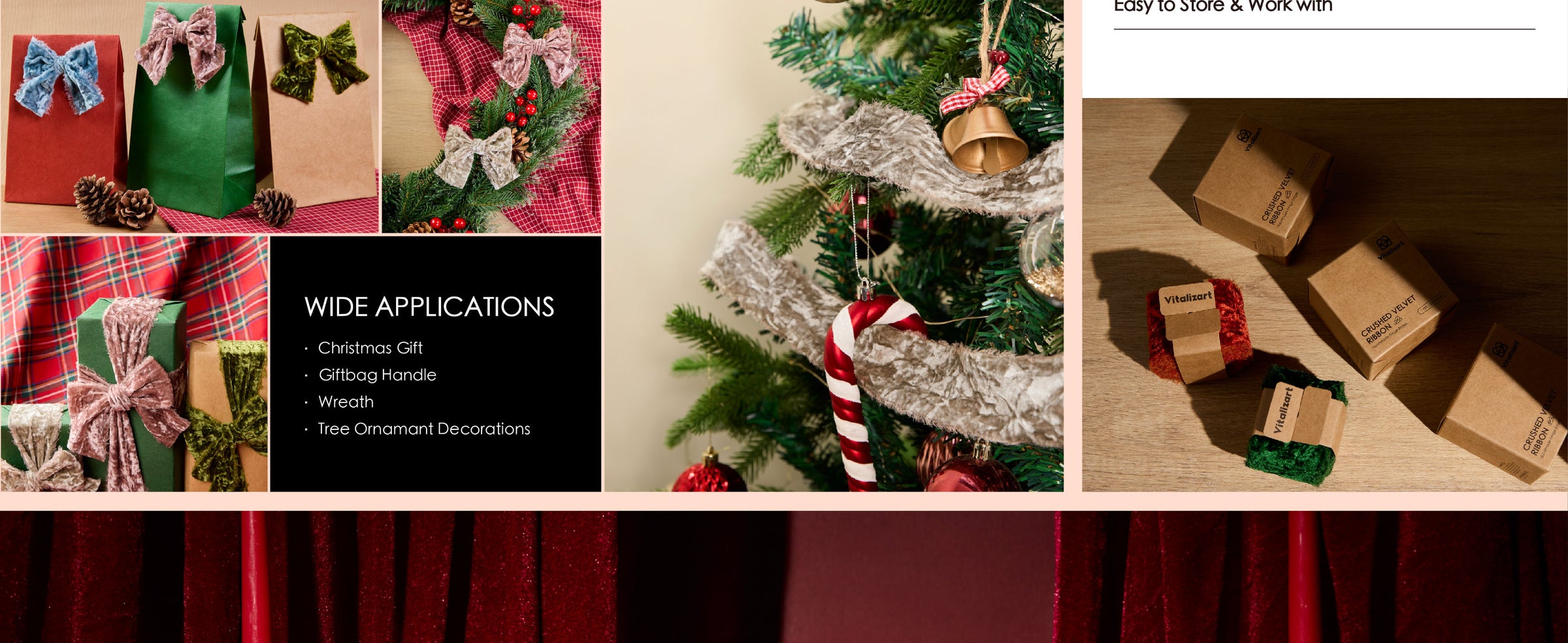 Brown frayed-edge velvet ribbon used on gift bags, wreaths, bows, and Christmas tree ornaments