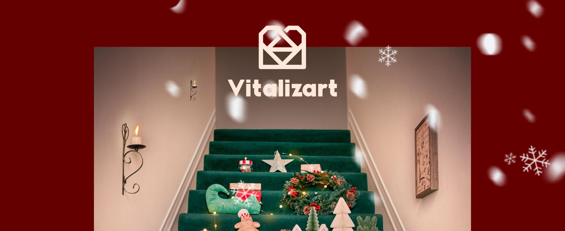 Christmas gifts, wreaths, ornaments, and miniature trees arranged across deep green stairs.