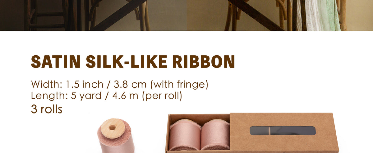 Three dusty rose satin-like frayed ribbon rolls on wooden spools with kraft storage box