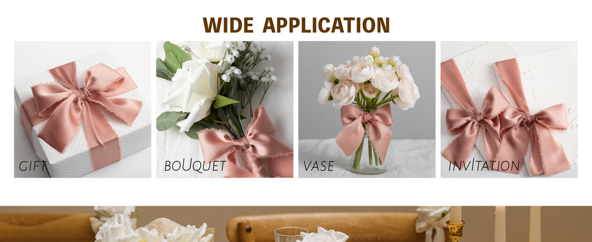 Dusty rose frayed ribbon bows decorating a flower vase, invitations, gift, and bouquet