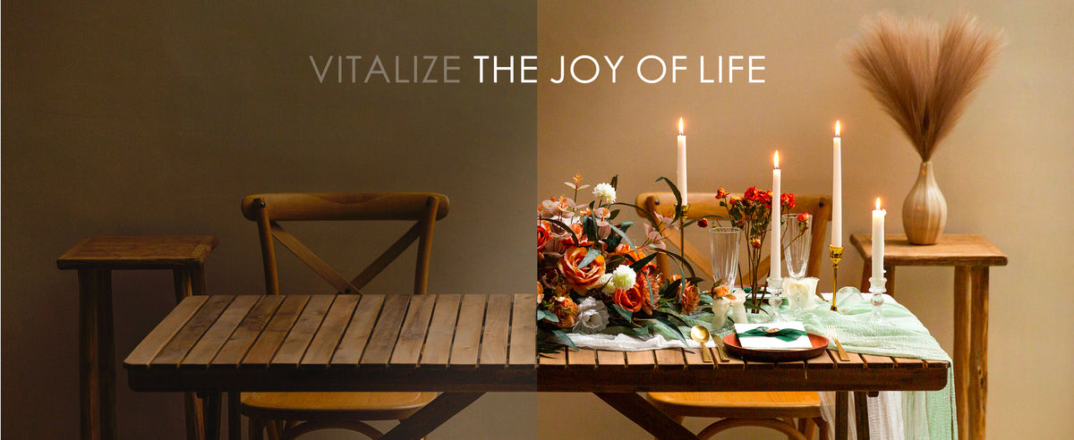 Split view of a bare table transformed into a candlelit setting with warm orange floral decor