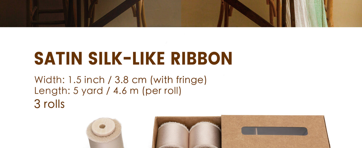 Three rolls of light nude satin-like ribbon with wooden spools and handmade frayed edges