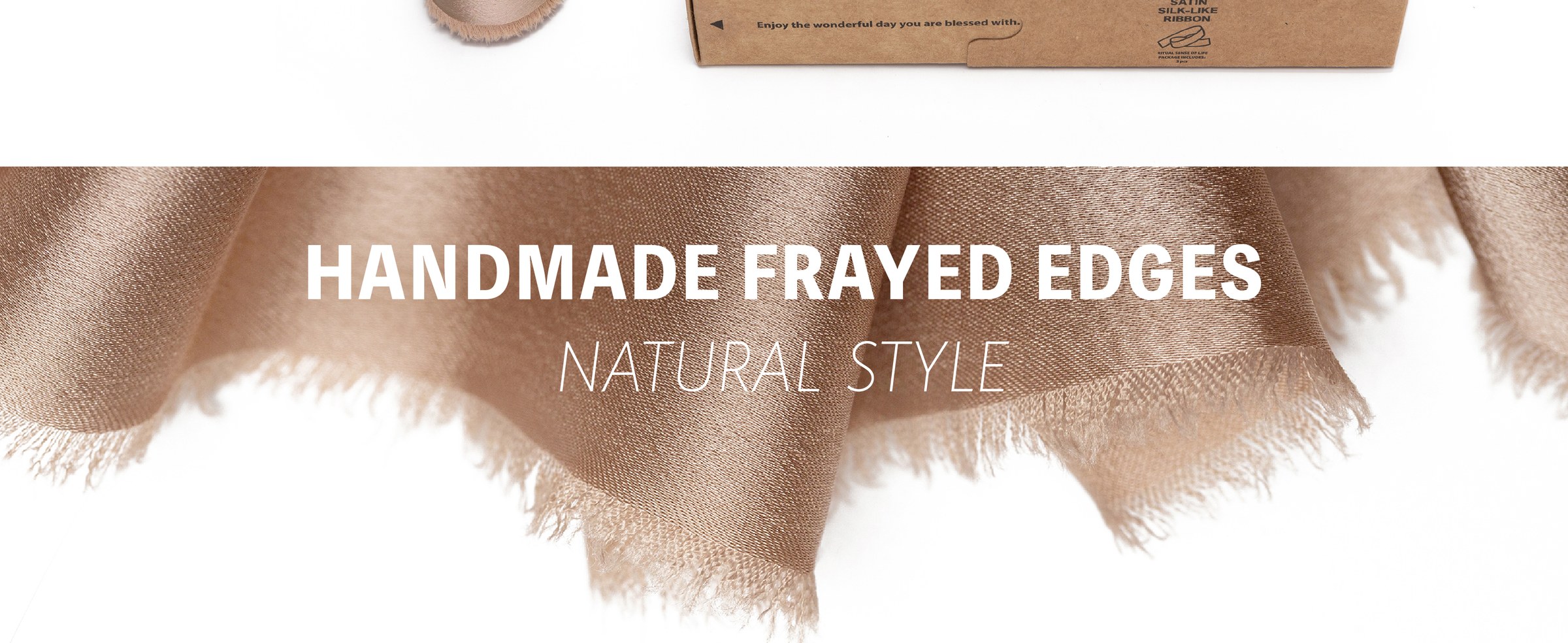 Close-up of champagne satin-like ribbon with a lustrous woven surface and soft frayed edges