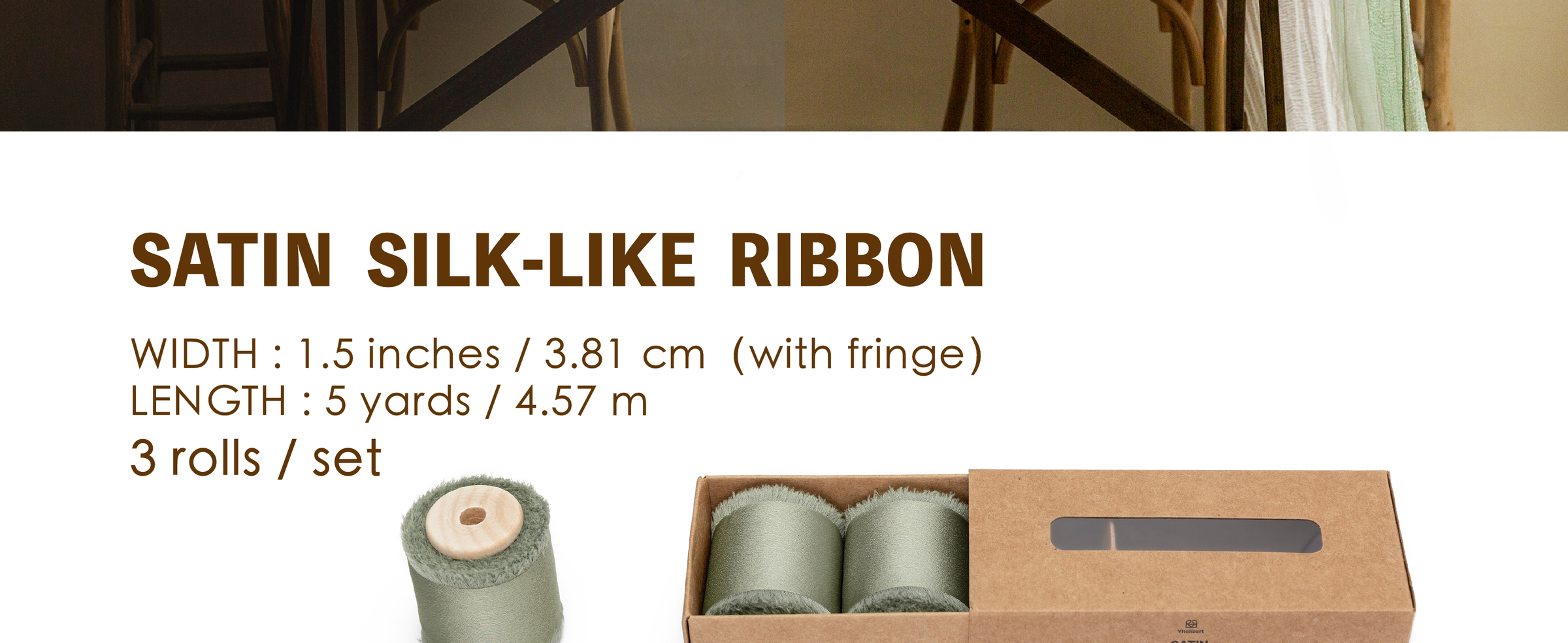 Three rolls of dusty green satin-like ribbon with wooden spools and handmade frayed edges