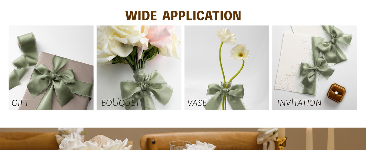 Dusty green frayed-edge satin ribbon decorating a vase, gift, bouquet, and wedding invitations