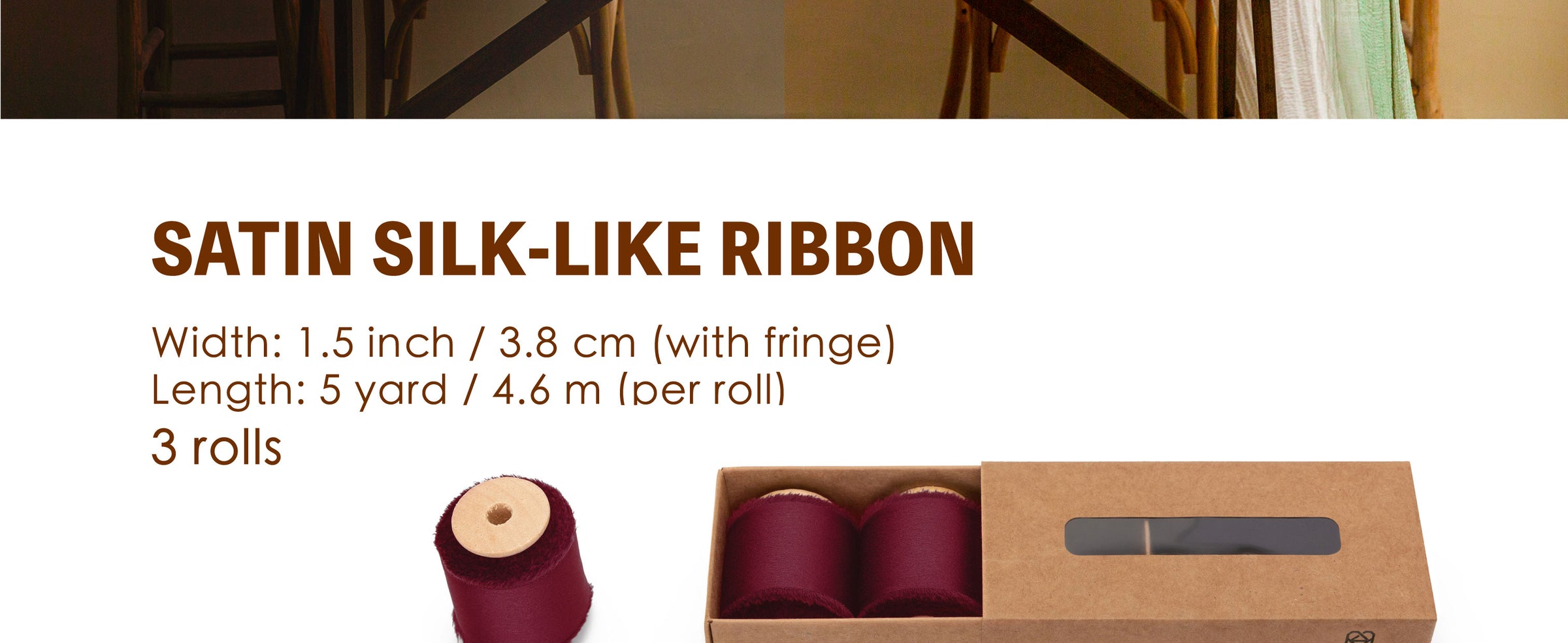 Three burgundy satin-like ribbon rolls on wooden spools with box and frayed-edge detail