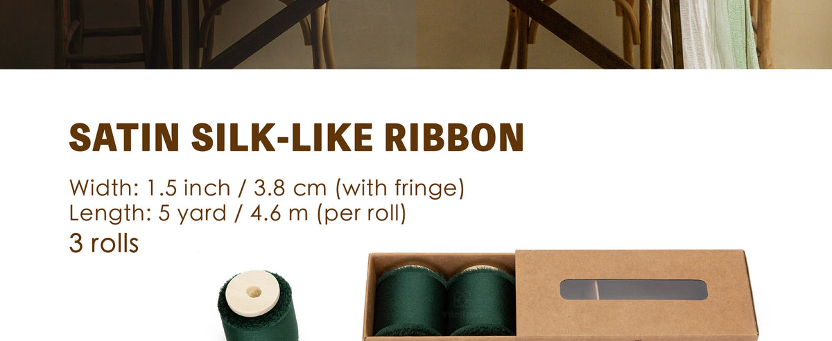 Three dark green satin-like ribbon rolls on wooden spools with box and frayed-edge detail