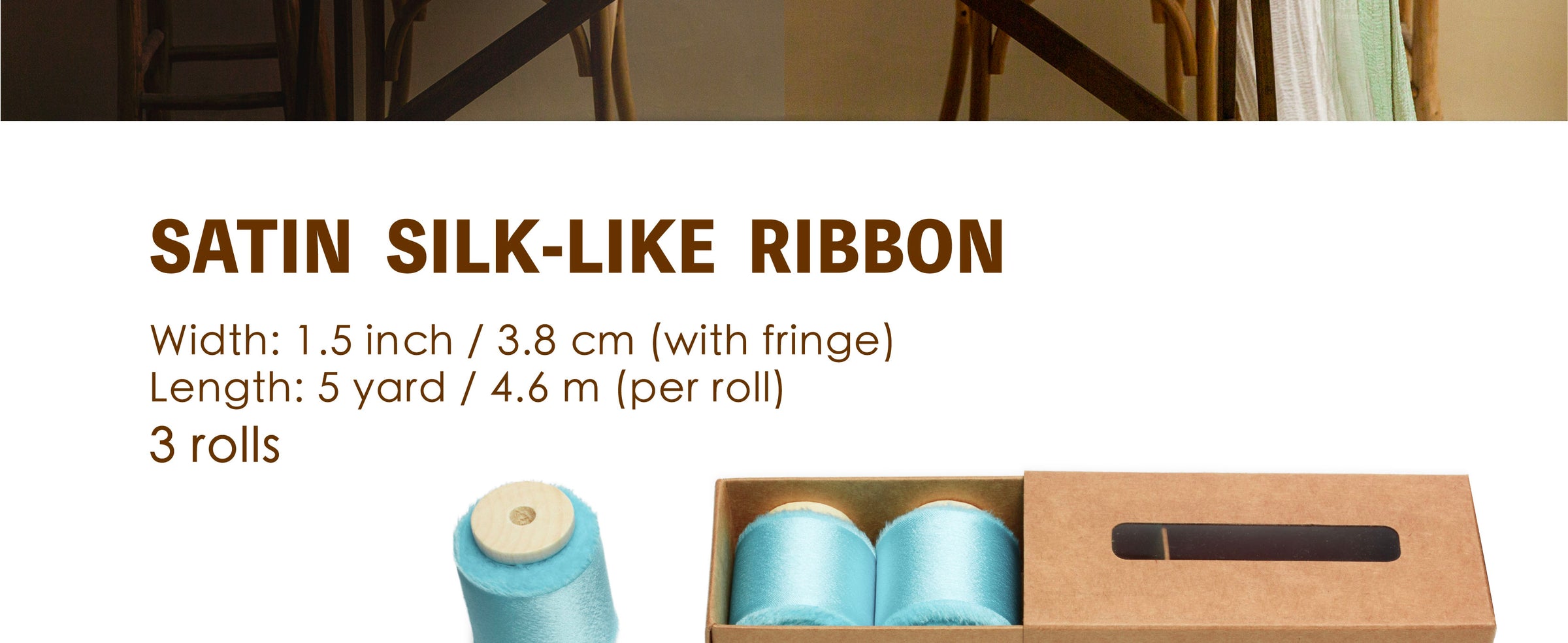 Three aqua-blue satin ribbon rolls on wooden spools, with glossy fabric and handmade frayed edges