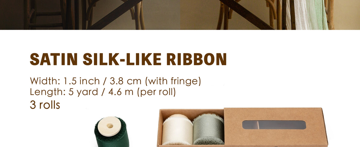 Dark green, cream, and sage satin ribbon rolls on wooden spools with handmade frayed edges