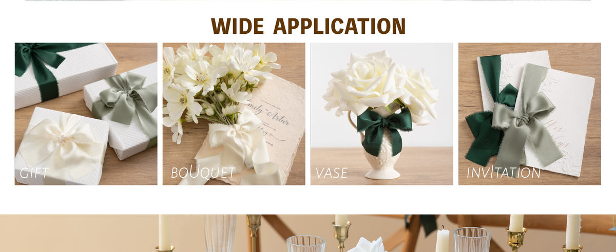Dark green and sage frayed satin ribbon bows decorating a rose vase and white invitations