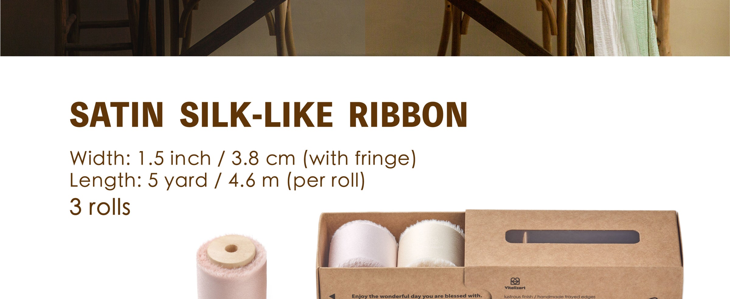 Three rolls of pale pink and ivory satin-like ribbon with frayed edges, wooden spools, and kraft box.