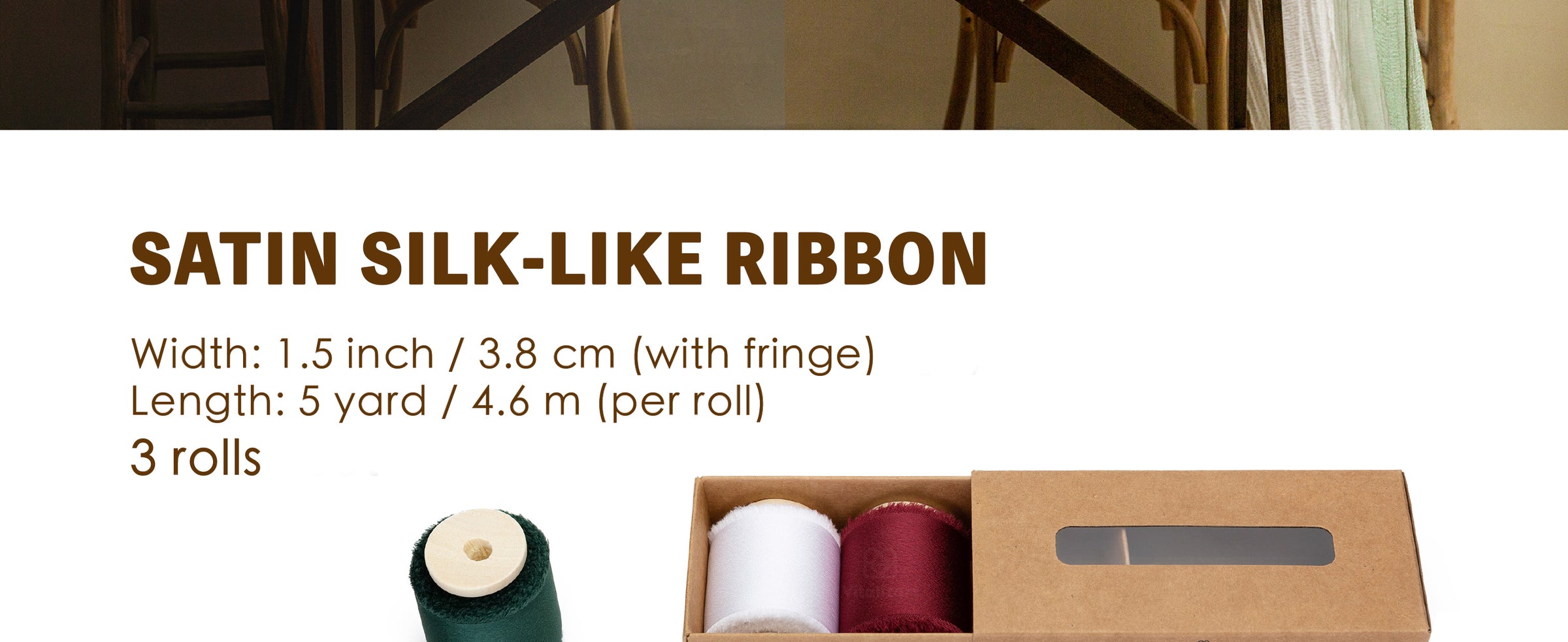 Three rolls of green, white, and burgundy satin-like ribbon with frayed edges, wooden spools, and kraft box.
