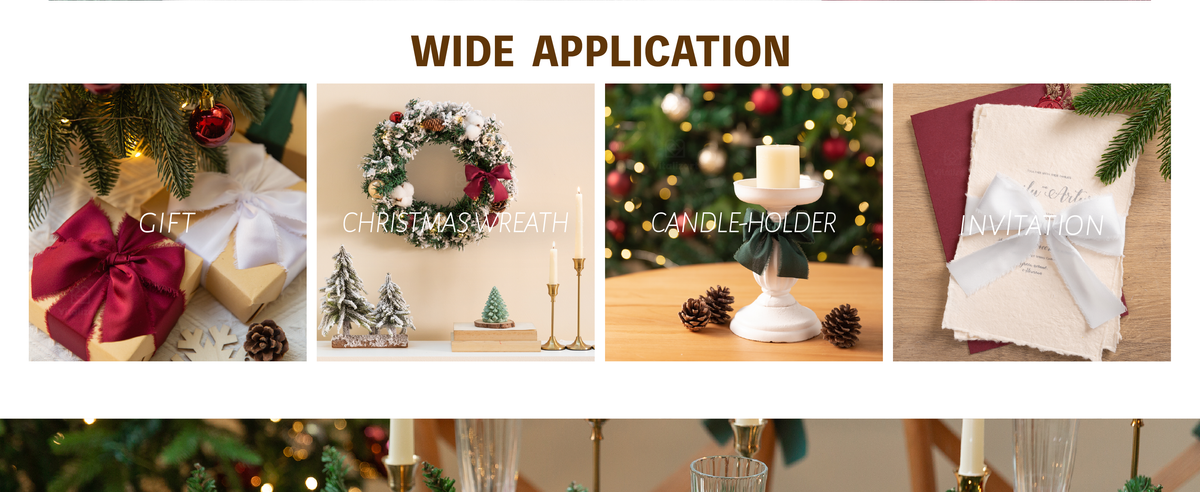 Green frayed ribbon bow on a candleholder and white ribbon bow on invitations in a Christmas setting.