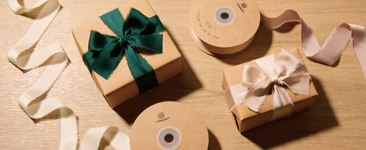 Nude frayed satin ribbon shown on gift wrapping, with bouquet and invitation decorating examples.