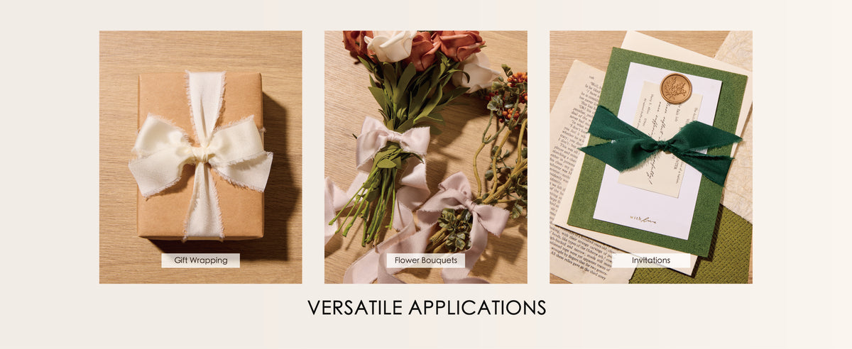 Gift boxes tied with dark green and pale blush frayed satin ribbon beside 30-yard spools
