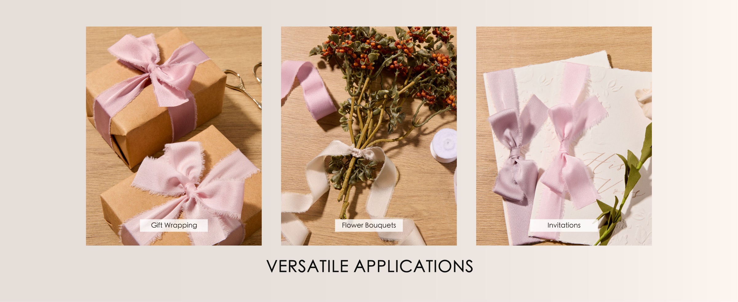 Pale pink frayed-edge satin ribbon tied on gift boxes, a flower bouquet, and invitations.