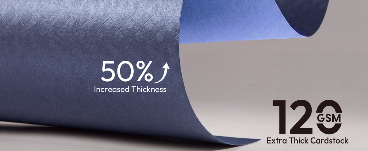 Blue metallic grid wrapping cardstock curls to show its reverse side and labeled 120 GSM thickness.