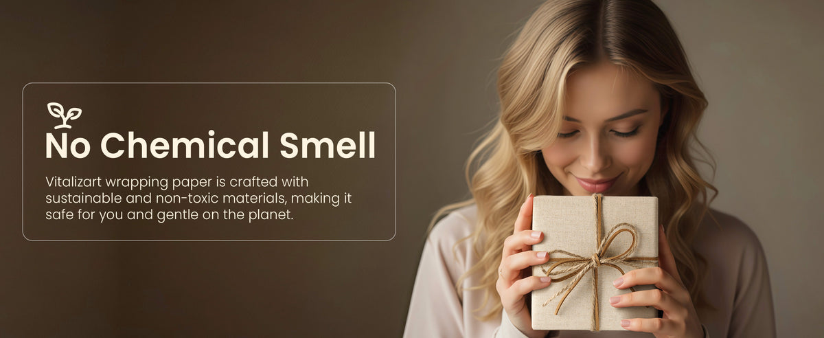 Woman holding a beige textured-paper gift tied with natural twine beneath a “No Chemical Smell” message.
