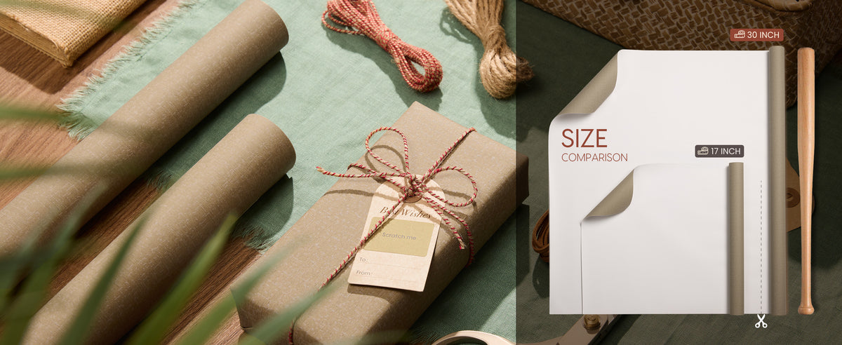 Brown textured wrapping paper with a diagram comparing 30-inch and 17-inch roll widths