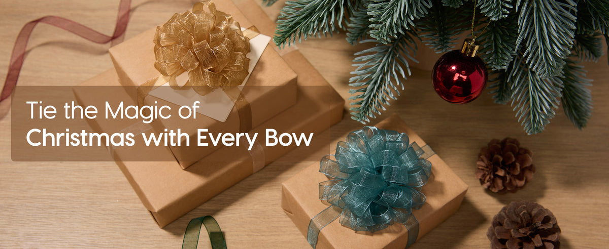 Holiday gifts and decorations styled with bows made from the mixed cream, rose gold, and green organza ribbon set