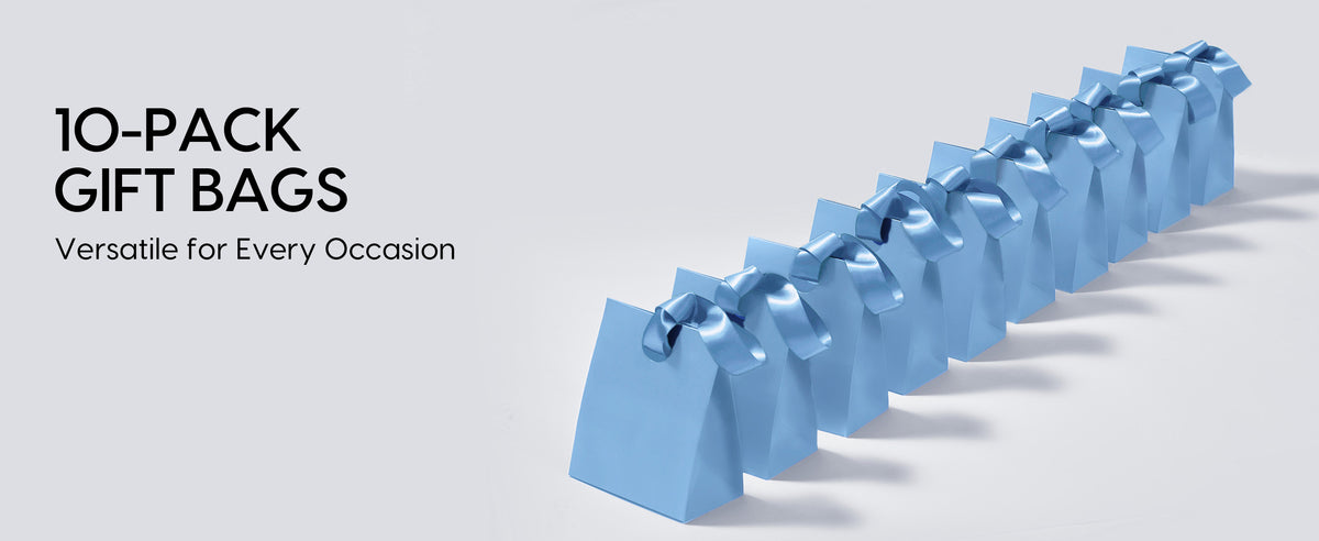 Ten light blue paper gift bags with matching satin ribbon handles tied in bows.