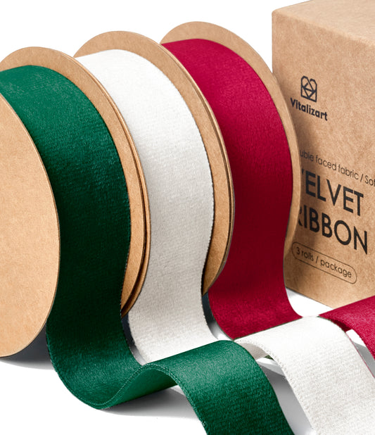 Double Faced Velvet Ribbon Set 1" x 15 Yd (Red & Green & Ivory )